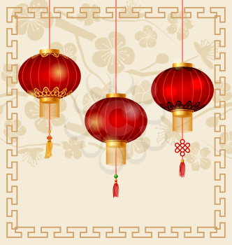 Illustration Japanese or Chinese Background with Lanterns and Sakura - Vector