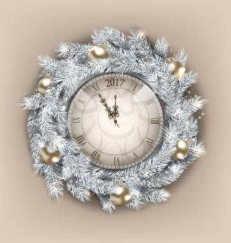 Illustration Christmas Wreath with Clock and Golden Balls for Happy New Year 2017, Decoration made in Silver Twigs - Vector