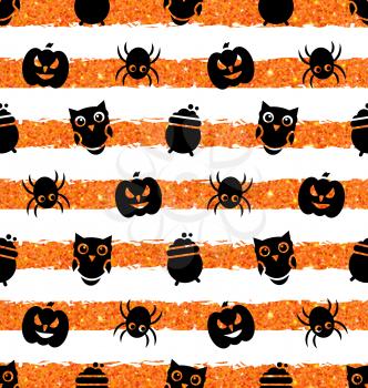Illustration Seamless Background with Pumpkin, Spider, Pot, Owl. Holiday Wallpaper for Halloween - Vector