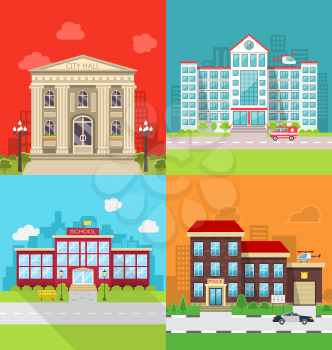Illustration Set Municipal Buildings - City Hall, Hospital, School and Police Station. Colorful Banners with Architecture, Exterior, Cityscape - Vector