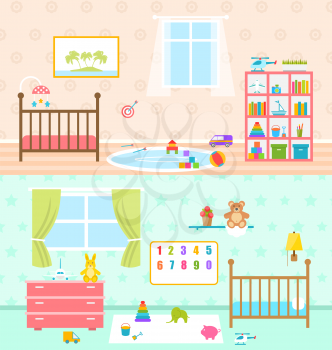 Illustration Set Playrooms for Kids. Baby Rooms Interior. Cradle, Window, Carpet, Bookcase, Toys, Stuffed Toys, Bookshelf, Alphabet. Flat Minimal Style. Set Colorful Furniture - Vector