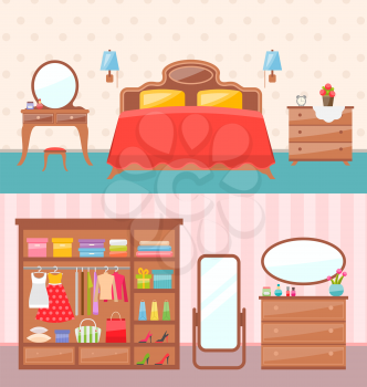 Illustration Flat Design Bedroom Interior with Dresser, Wardrobe, Mirror. Modern Furniture. Colorful Minimal Style - Vector