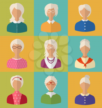 Illustration Old People of Faces of Women of Grey-headed. Grandmothers Characters. Heads of Pensioners. Females with Short and Long Hair. Cartoon Style Avatars. Flat Icons - Vector
