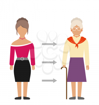 Illustration Concept of Aging Process, Young and Old Woman, Comparison. Colorful People Isolated on White Background - Vector