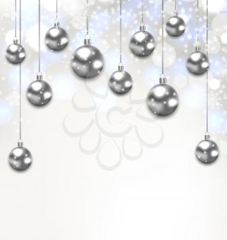 Illustration Christmas Silver Glassy Balls on Magic Light Background - Vector