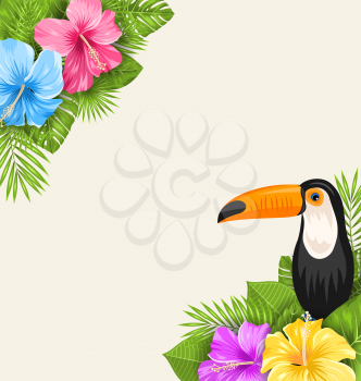 Illustration Nature Tropical Background with Toucan, Hibiscus Flowers and Palm Leaves. Exotic Banner - Vector