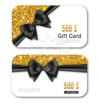 Illustration Gift Card Template with Golden Dust Texture and Black Bow Ribbon. Gift Voucher, Coupon, Invitation, Certificate, Diploma, Ticket Etc. - Vector