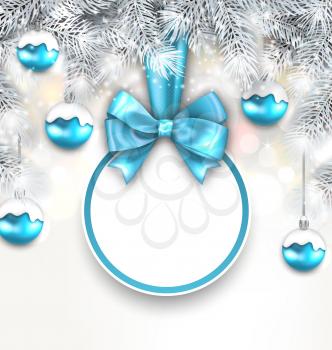 Illustration Holiday Glowing Background with Blank Card with Bow Ribbon and Silver Fir Branches, Christmas Balls - Vector