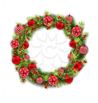 Illustration Christmas Wreath with Balls, New Year and Christmas Decoration, on White Background - Vector