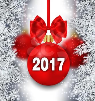 Illustration Holiday Background with Silver Fir Branches and Red Christmas Ball with Bow Ribbon For Happy New Year 2017 - Vector
