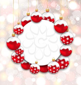 Illustration Christmas and Happy New Year Card with Red Snowing Balls on Glowing Background - Vector