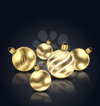 Illustration Christmas Golden Balls with Reflection on Black Background with Copy Space for Your Text - Vector