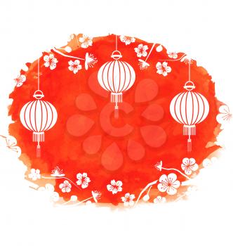 Illustration Watercolor Background with Blossom Sakura Flowers and Lanterns - Vector