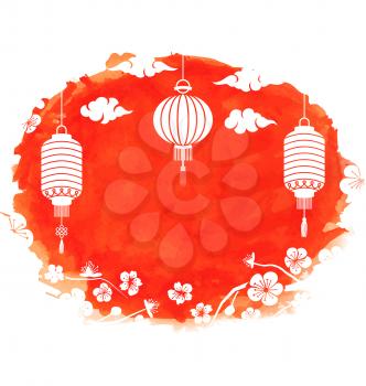 Illustration Watercolor Frame with Blossom Sakura Flowers and Lanterns, Spring Decoration - Vector