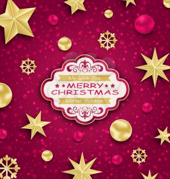 Illustration Pink Cute Congratulation Card with Golden Decoration for Merry Christmas - Vector