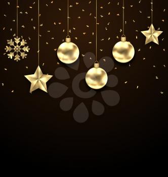 Illustration Christmas Dark Background with Golden Balls, Stars and Snowflakes - Vector