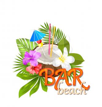 Illustration Coconut Cocktail in Summer With Garnish and Straw, Natural Poster with Exotic Flowers and Leaves - Vector