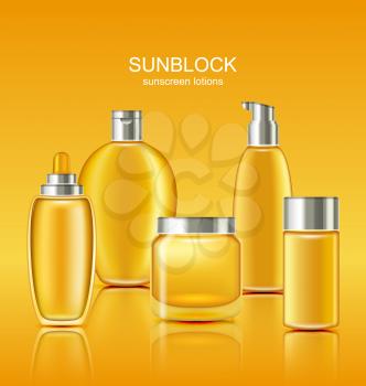 Illustration Set Sunscreen Protection Cosmetics. Sun Care Containers, Orange Collection Sunblock Lotions - Vector