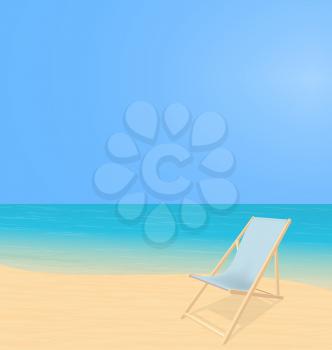 Sunny beach landscape. Splash waves on coast. Deck chair stand on sand alone. Vector