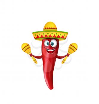 Illustration Festive Smiling Chili Pepper with Maracas, Crazy Cartoon Isolated on White Background - Vector