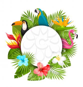 Illustration Summer Clean Card With Tropical Plants, Hibiscus, Plumeria, Flamingo, Parrot, Toucan. Exotic Flowers and Animals - Vector