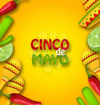 Illustration Cinco De Mayo Background with Mexican Traditional Symbols. Chili Pepper, Sombrero Hat, Maracas, Piece of Lime, Cactus - Vector