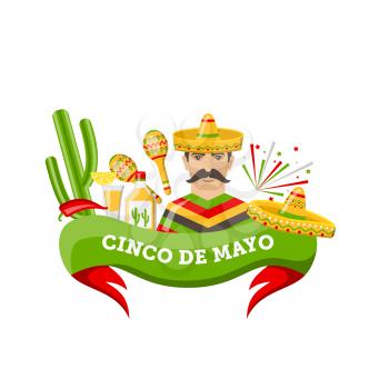 Illustration Cinco De Mayo Banner with Mexican Symbols and Objects, Ribbon, Colorful Icons - Vector