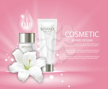 Illustration Advertising Poster with Cosmetic Tubes and Lily Flower - Vector