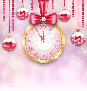 New year Background with Christmas Balls and Clock - Illustration Vector