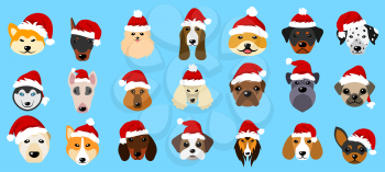 Set Different Breeds of Dogs in Hats of Santa Claus, Symbols New Year  - Illustration Vector