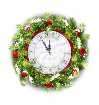 Christmas Wreath with Clock, New Year Decoration on White Background - Illustration Vector