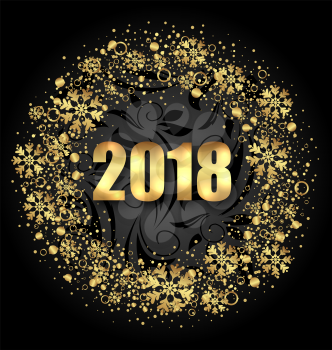 Luxury Round Frame with Golden Snowflakes on Black Background for Happy New Year 2018 - Illustration Vector