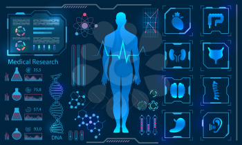 Medical Health Care Human Virtual Body Hi Tech Diagnostic Panel, Medicine Research - Illustration Vector