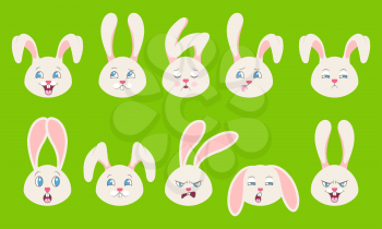 Heads of Rabbit with Different Emotions - Cheerful, Sad, Thoughtfulness, Funny, Drowsiness, Fatigue, Malice - Illustration Vector