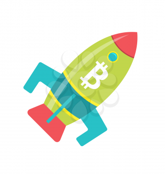 Bitcoin Rocket Ship Launching Into Space, Cryptocurrency, Virtual Currency - Illustration Vector