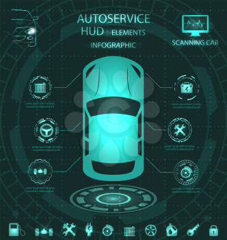 Scanning Car, Analysis and Diagnostics Vehicle, HUD Elements, Service Infographics with Icons - Illustration Vector
