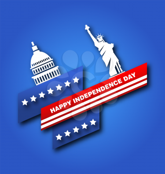 American Poster for Fourth of July Independence Day of the USA, Capitol, Statue of Liberty - Illustration Vector