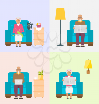 Leisure for Pensioners, Reading Newspaper, Knitting, Using Internet. Home Interior Background - Illustration Vector