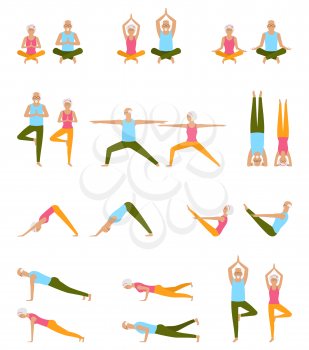 Elderly People Practice Yoga. Set of Asanas. Relax and Meditate. Healthy Pension Lifestyle. Balance Training - Illustration Vector