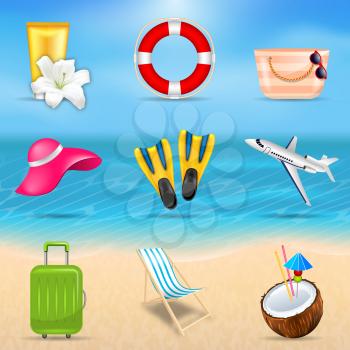 Set Realistic Travel and Tourism Accessories. Collection Summer Design Elements for Voyage - Illustration Vector