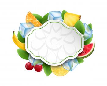Food Clean Card with Fruits and Berries, Ice Cubes - Illustration Vector