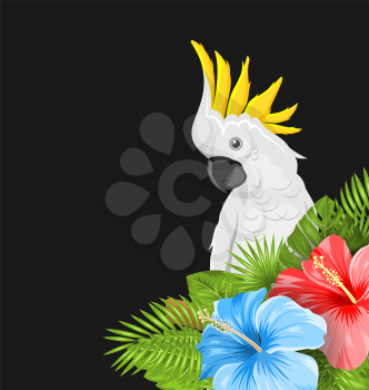 Parrot White Cockatoo with Colorful Hibiscus Flowers Blossom and Tropical Leaves, Exotic Background - Illustration Vector
