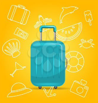 Realistic Polycarbonate Suitcase, Baggage for Tourism, on Yellow Background with Summer Elements - Illustration Vector