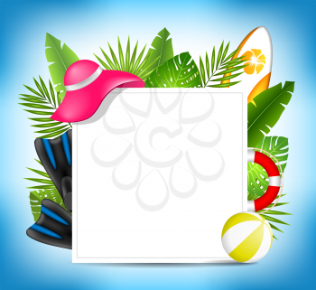 Tropical Summer Design Card Template with Beach Accessories- Illustration Vector