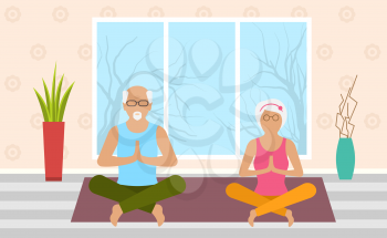 Adult Woman and Man Meditating in Pose Lotus, Home Interior. Leisure of Pensioners - Illustration Vector