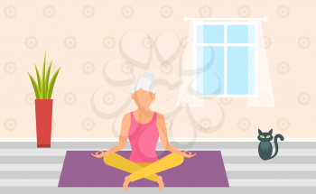 Adult Woman Meditating in Pose Lotus, Home Interior. Leisure of Pensioner - Illustration Vector