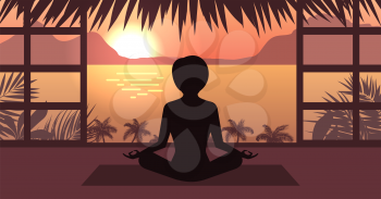 Woman Meditating in Pose Lotus, Sunrise or Sunset, Sea, Mountain and Palm Trees, Home Interior - Illustration Vector