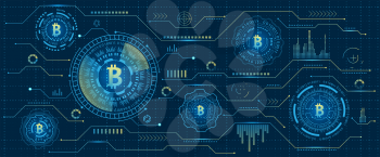 Mining Bitcoin Cryptocurrency, Digital Stream. Futuristic Money. Blockchain. Cryptography, Financial Technology - Illustration Vector