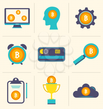 Bitcoin Digital Money, Cryptocurrency System and Mining Pool, Flat Design Icons - Illustration Vector