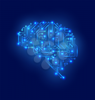 Stylized Brain. Circuit Board Texture, Electricity Mind - Illustration Vector